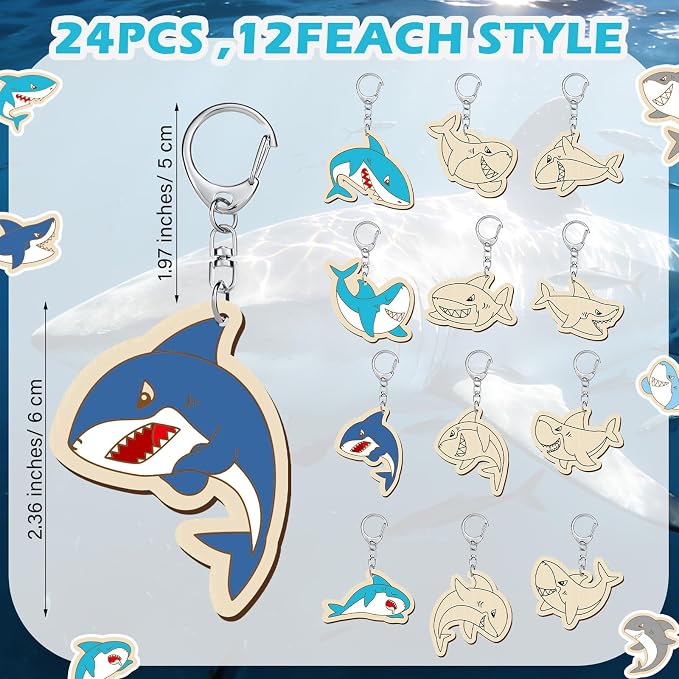 RattanView 24 Pcs Summer Shark Crafts Color Your Own Keychains DIY Craft Wooden - Image 2