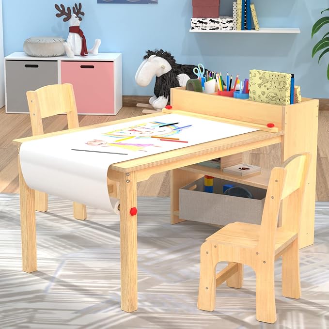 GDLF Kids Art Table and 2 Chairs, Wooden Craft Desk, Activity & Drawing - Image 4