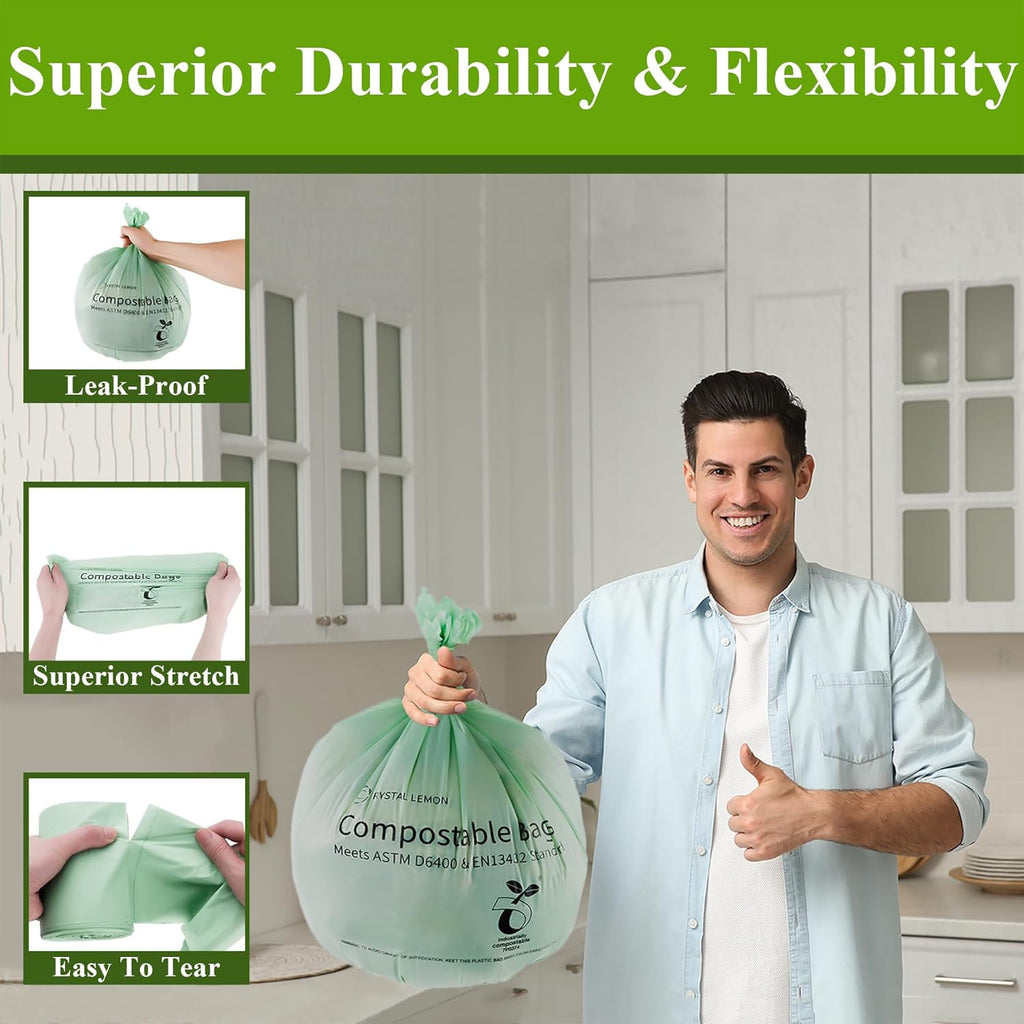 Crystal Lemon 30-Count Biodegradable 6 Gallon Bags, Heavy Duty and Unscented – Ideal for Kitchen, Bathroom, Yard, and Food Waste