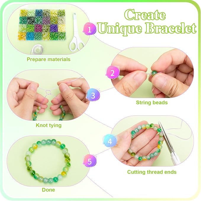 XSEINO About 1200+ pcs 6mm Glass Beads Bracelet Making Kit, 24 Assorted Green - Image 5