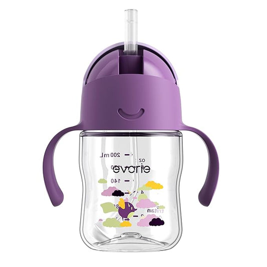 Evorie Tritan Weighted Straw Sippy Cup with Handles for Baby and Toddlers, Spill Proof Baby Water Bottle with Straw for 6 months and up, 7 Oz, Infant Training Water Bottle (Daydream)