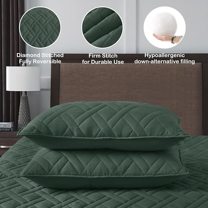 HORIMOTE HOME Quilt Set King Size Dark Green, Classic Geometric Diamond - Image 5