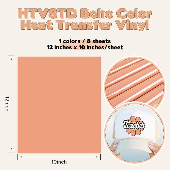 HTVSTD Peachy Pink Boho HTV Heat Transfer Vinyl 8pcs 12×10in Iron on Vinyl | - Image 2