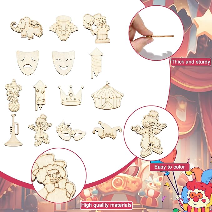 200 pcs Mixed Styles Carnival Theme Unfinished Wood Cutout Charms Crown Clown - Image 3