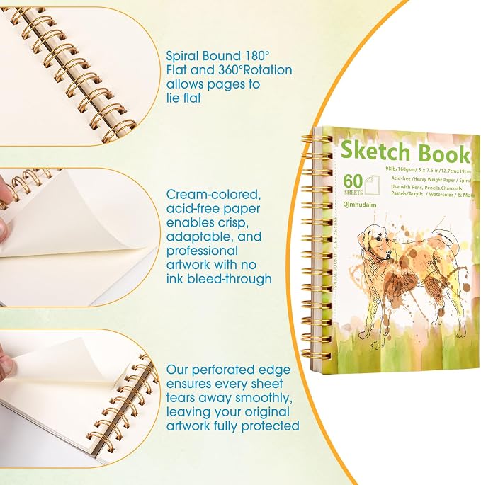 Qlmhudaim Mixed Media Sketchbook, 60 Sheets 160gsm/98lb Acid-Free Paper - Image 4
