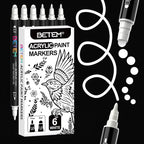 Betem 6 White Dual Tip Acrylic Paint Markers, Fabric Decorating Kits Premium by BetemArtWorld