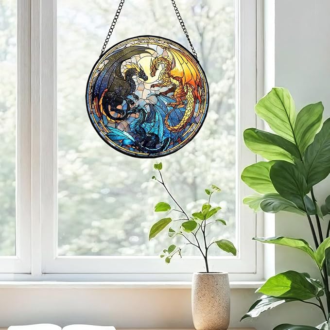 Greatingreat Dragon Stained Glass Window Hanging, 7.87 Inch Bookshelf Decoration - Image 5