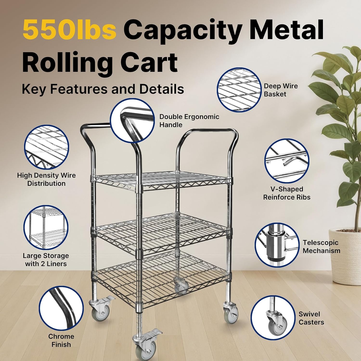 Northsky 3-Shelf Wire Utility Cart on Wheels, Chrome Finish Rolling Metal Shelving with Wheels, 550lb Capacity, 24" x 18" x 44.1", 3 Tier Rolling Cart for Kitchen Bar Storage Use