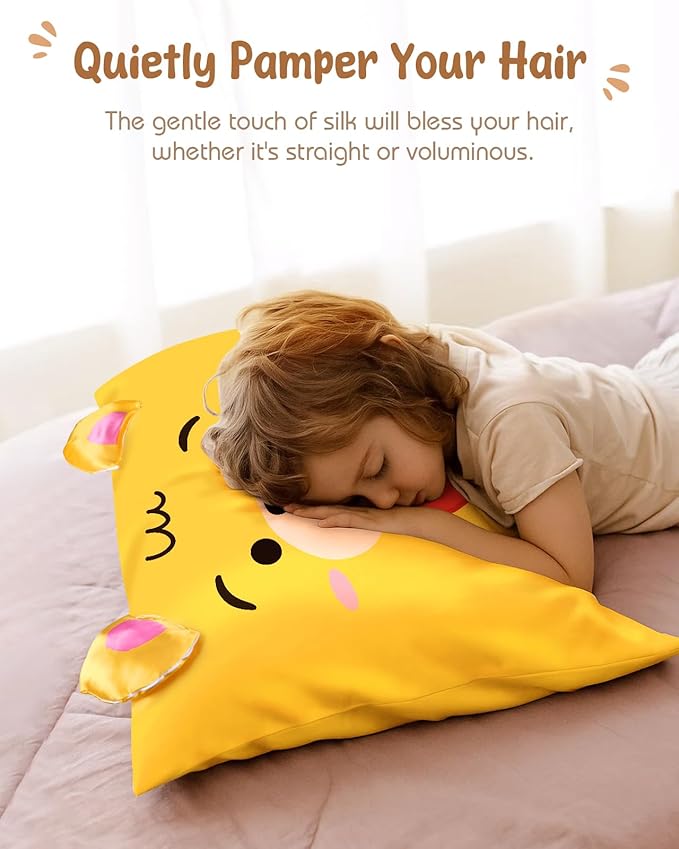 Toddler Pillowcases 13"x18" for Kids - Cute Cartoon Soft Breathable Silk Pillow Cases for Hair and Skin with Hidden Zipper for Boys Girls Fun Kawaii Design for Bedding, Yellow Bear