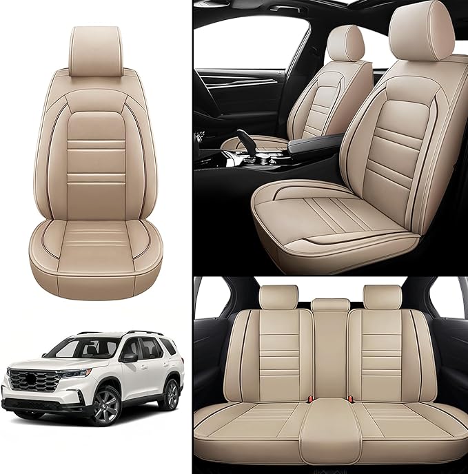 Seat Covers for Honda Pilot 2003-2025 | 5-Seats Leather Seat Covers, Easy to Install Automotive Seat Covers Full Set (Full Set, Beige)