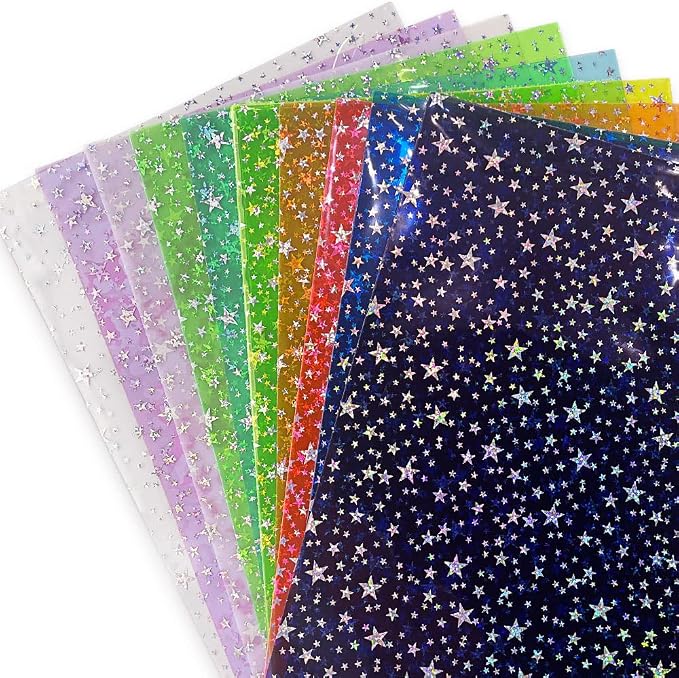 XHT 10 Pcs Sparkle PVC Vinyl Fabric, 8.3"x11.8" Clear Laser Star Printed - Image 3