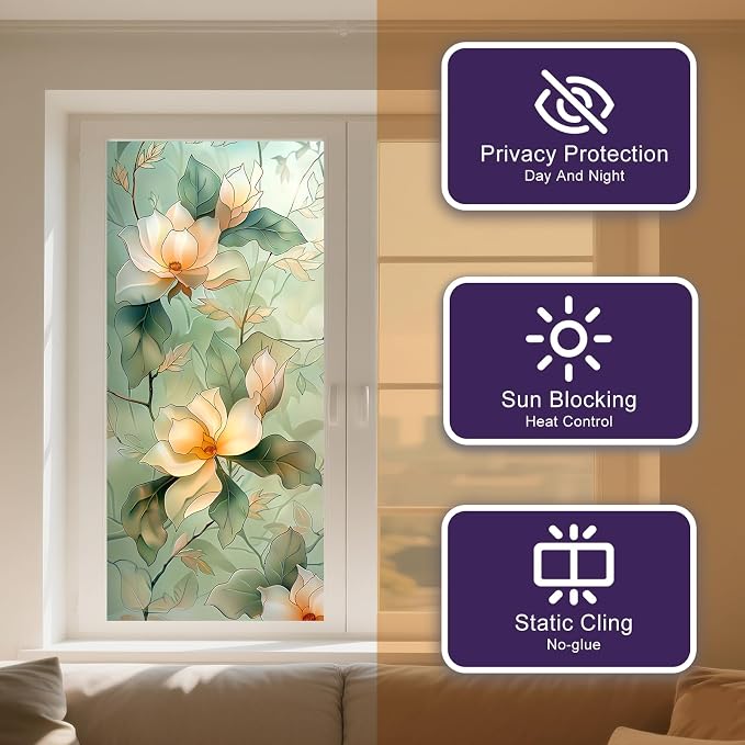 IVN Privacy Window Creamy Magnolia Branch Decorative Window Cling Stained Glass - Image 9