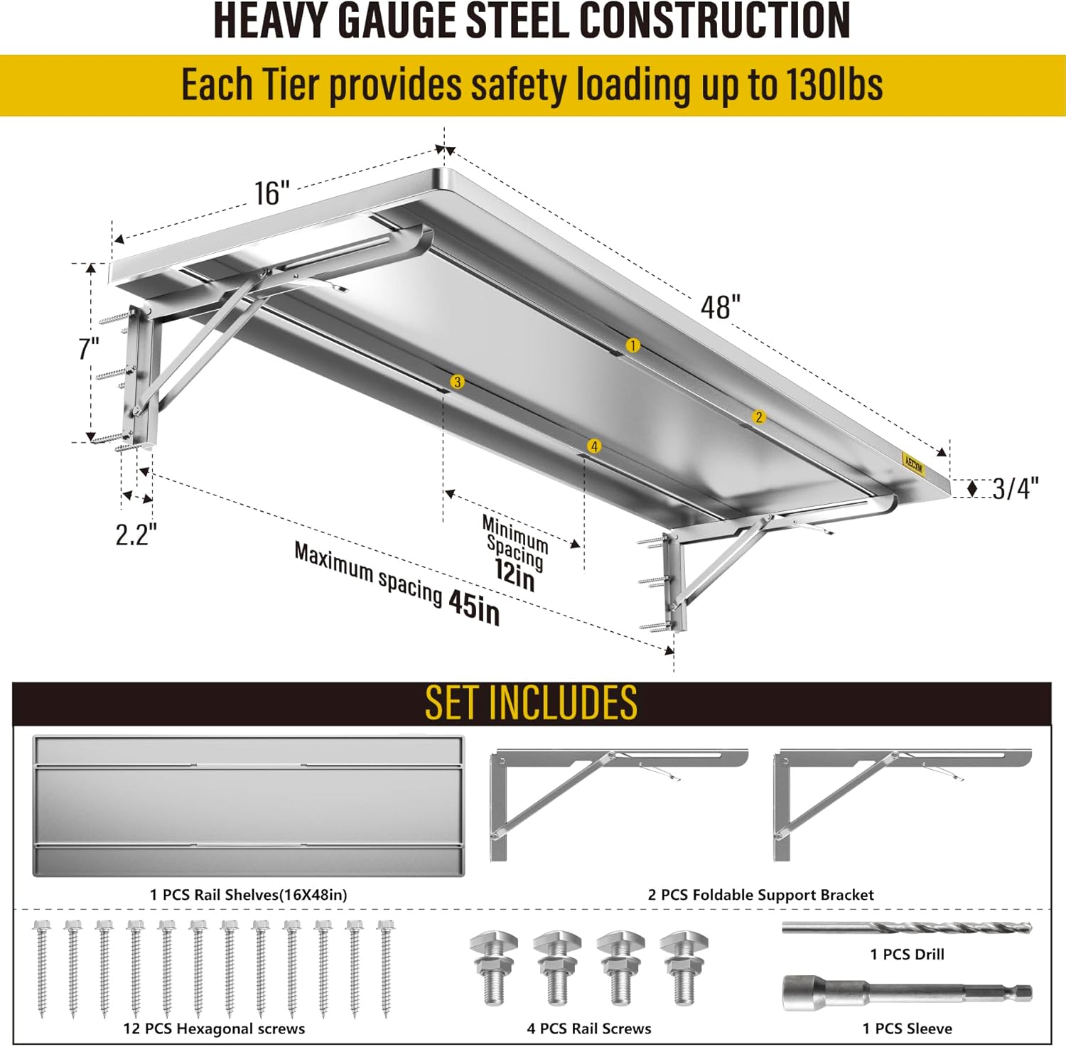 1.3x4ft Adjustable Rail Type Folding Storage Rack Shelf, Suitable for Garage, Storage Room, Kitchens Wall Shelf,Garage Storage Rack Floating Shelves, Wall Mounted Folding Table(1pc-Silver Gray)