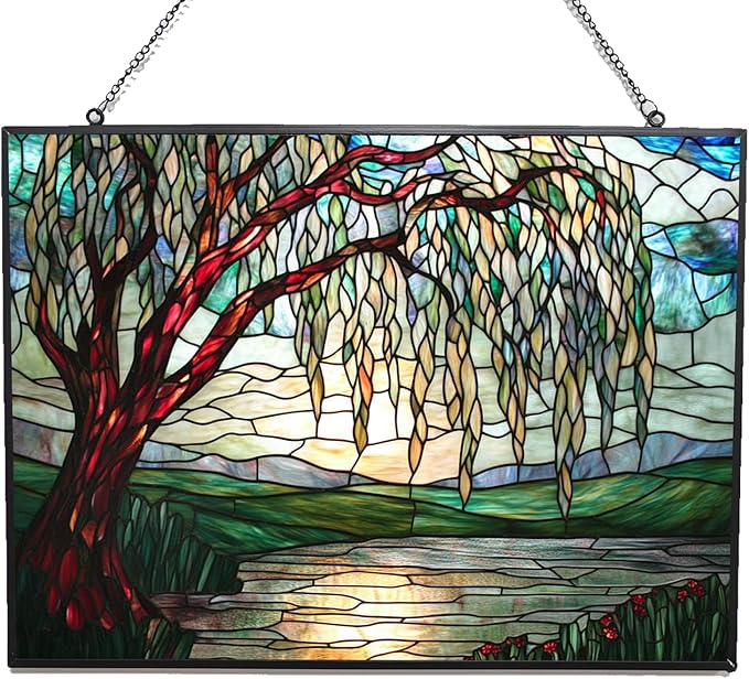 Art Nouveau Willow Pond Tree Stained Glass Window Hanging, Colorful Sun by 365CUSGIFTS