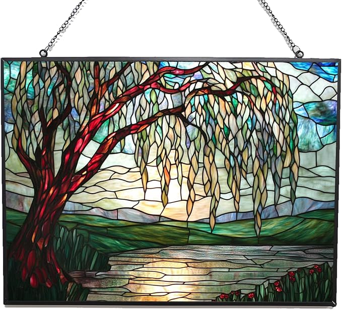 Customized Rectangle Art Nouveau Willow Pond Tree Stained Glass Suncatcher by 365CUSGIFTS