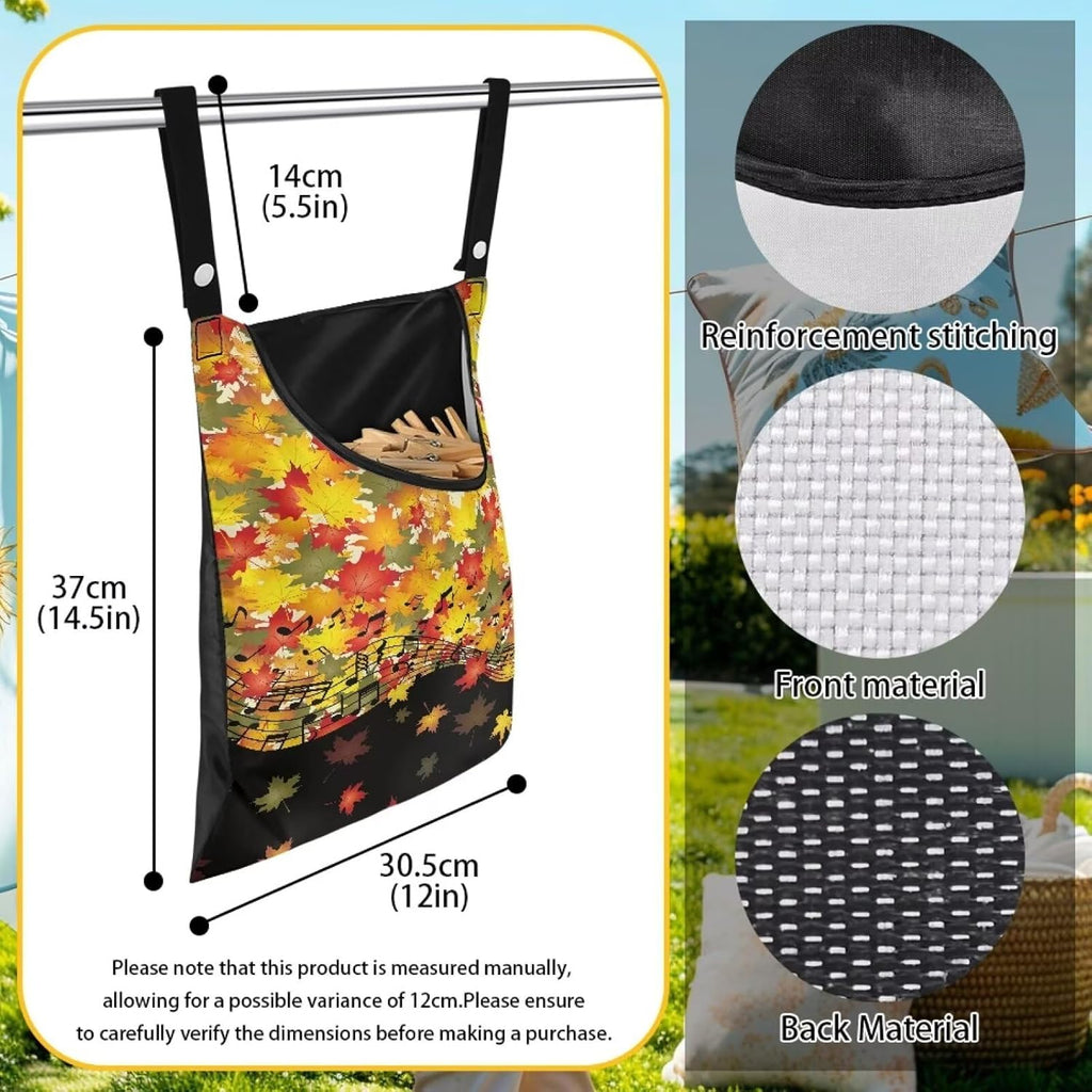 Maple Leaf Handy Laundry Clothespin Bag Holds 100 Medium-Sized Clothes Pins, Music Notes Waterproof Polyester Material, 2 Ropes for Hanging and Effortlessly Sliding on Clothesline