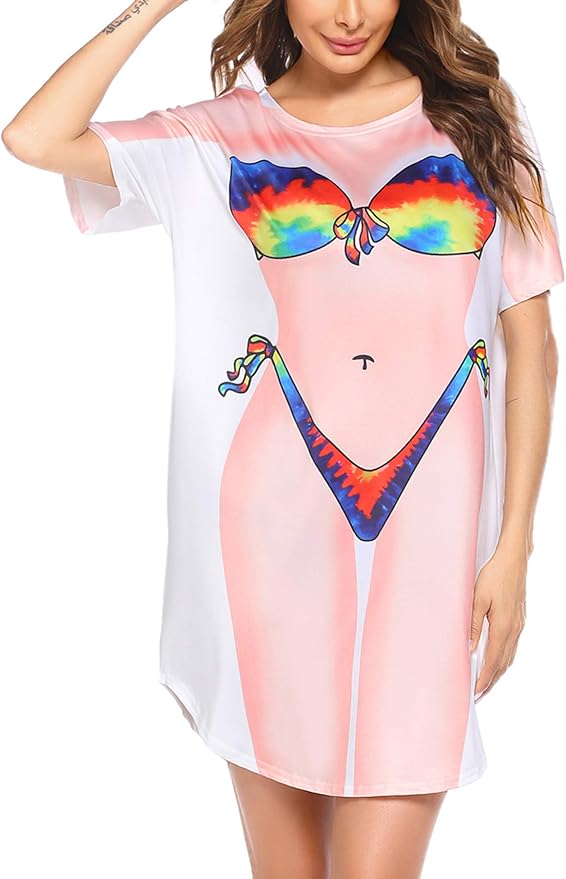 Ekouaer Women's Bikini Shirt Cover Up Short Sleeve Cute Bikini Print Cover-Up by EKOUAER
