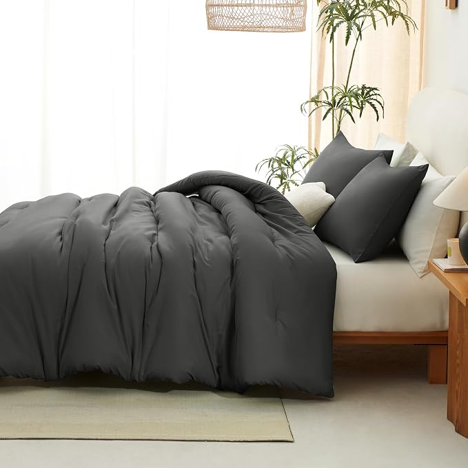 CozyLux California King Comforter Set Dark Grey, 3 Pieces Cal King Solid - Image 8