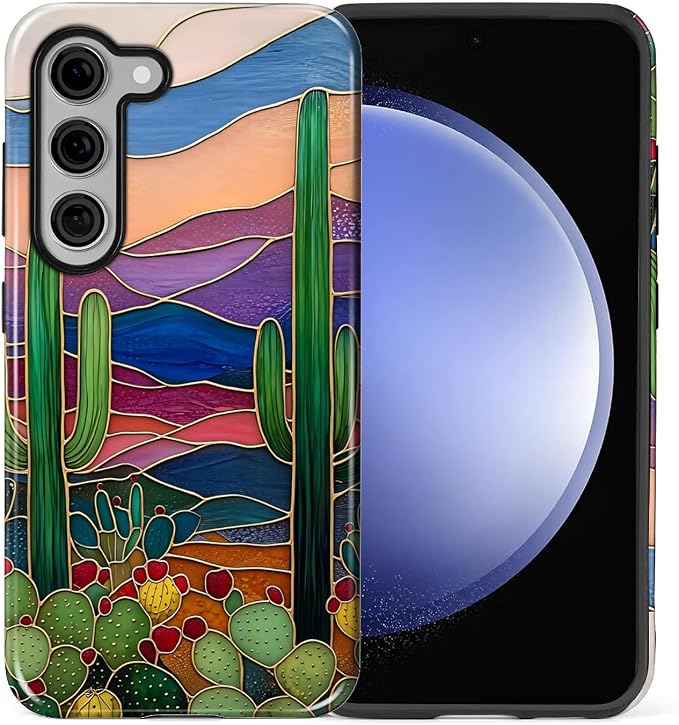 for Samsung Galaxy S23 Plus Case, Stained Glass Cactus Pattern Glossy 2 in 1 - Image 2