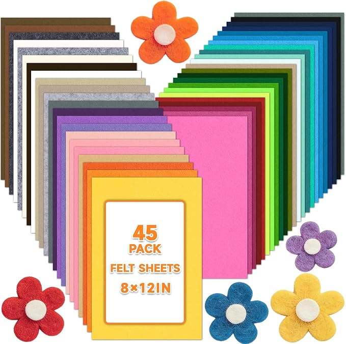 45 PCS Felt Fabric Sheets 8 x 12 Inch 2mm Craft Felt Sheets | 45 Assorted Colors by Oleitodh