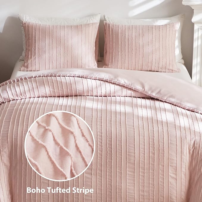 WARMDERN Pink Striped Duvet Cover Set, Boho Textured Tufted Bedding, 2 Piece - Image 2