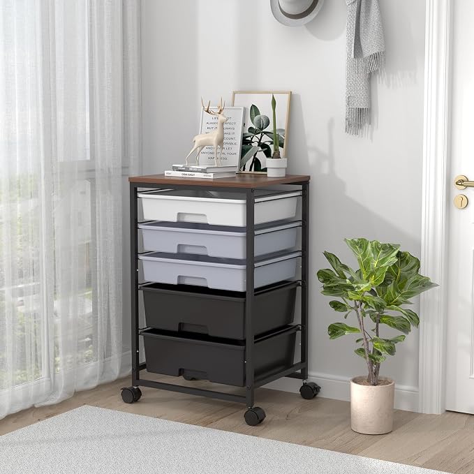 SYKIARIOL Utility Cart with 5 Drawers, Storage Drawer Cart with Wooden Tabletop - Image 8