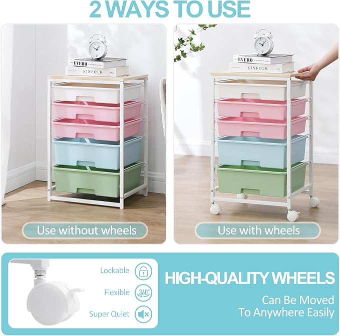 SYKIARIOL Utility Cart with 5 Drawers, Storage Drawer Cart with Wooden Tabletop - Image 6