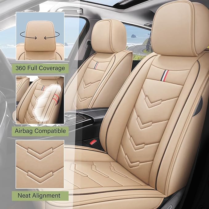 Leather Car Seat Covers Fit for LR LR4 2009-2016, 5 Seater Waterproof and Wear-Resistant Seat Cover Interior Accessories(Full Set,Beige)