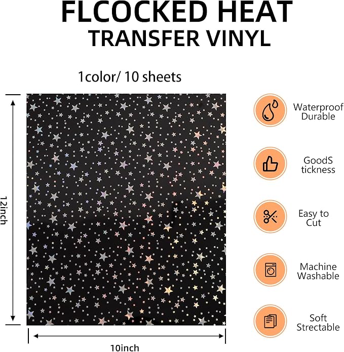 FUNKAKA Holographic Star Heat Transfer Vinyl HTV 10 Sheets - Image 2