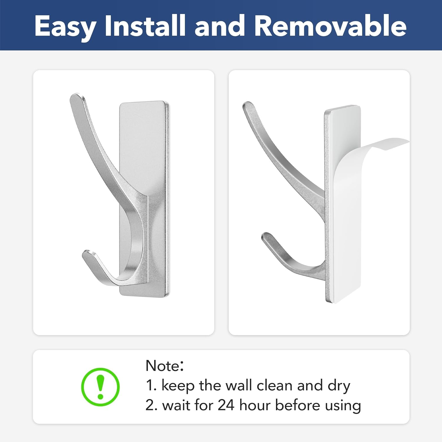 Stick on Hooks for Hanging, Extra Sticky 6KG (Max), Coat Hook on Door for Towel Coat Hat Key, Self Adhesive Hangers Wall Mounted, Silver, 6 Pack