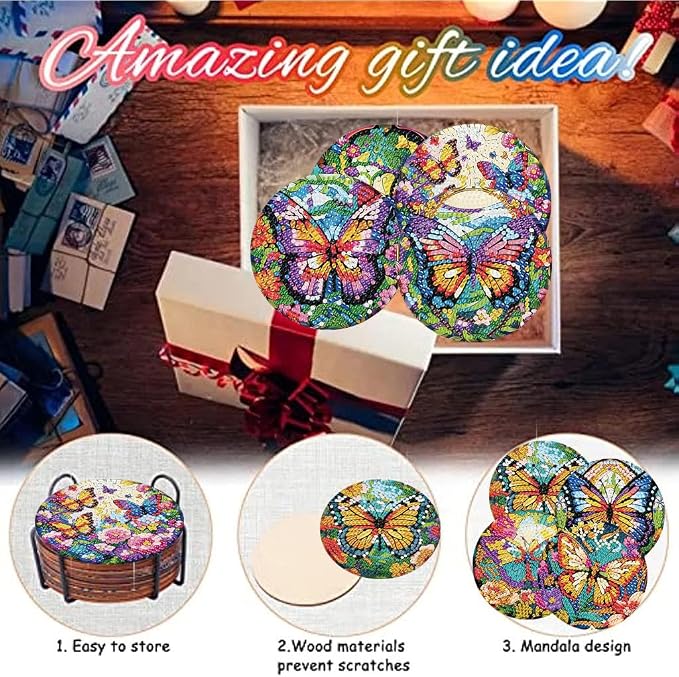 8 Pack Diamond Art Coasters, Butterfly Diamond Painting Coasters Kits | - Image 7