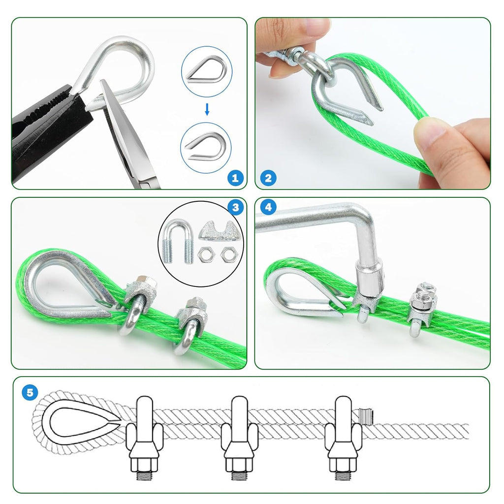 1/8" Wire Rope, 100 Ft PVC Coated Wire Cable Metal Steel Cable Trellis Kit, Multi-use Clothes Line for T Post/Climbing Grapevines Plants Outdoor/String Light Hanging Kit