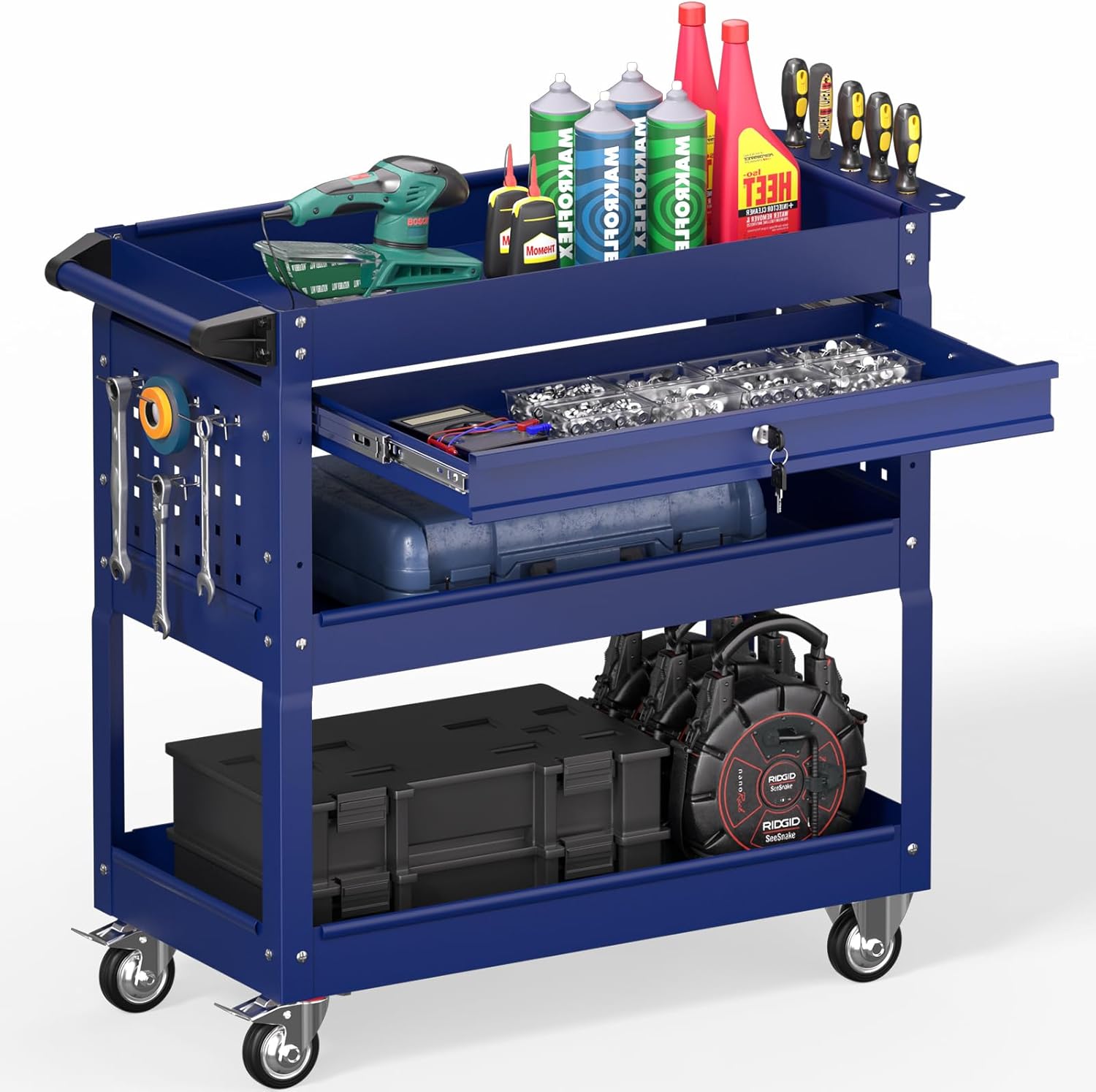 3 Tier Rolling Tool Cart on Wheels, Heavy Duty Service Cart Industrial Utility Cart with Drawer and Screwdriver Rack Pegboard, 550 LBS Mobile Tool Storage Organizer for Garage, Workshop (DARKBLUE)