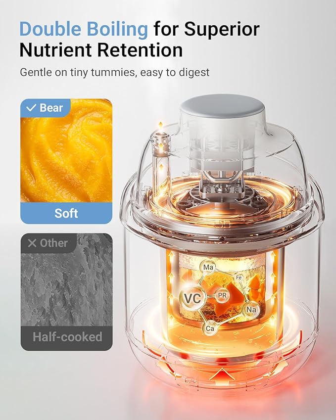 Bear NutriEase AllStage Stainless Steel Baby Food Maker Steamer and Blender, OneStep Baby Food Processor Puree Maker Grinder Mills, Auto Cooking&Grinding for Healthy Homemade Baby Food, BPA-Free