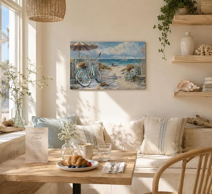 LRTNMTJ Coastal Bicycle Canvas Wall Art Beach Scene Oil Painting Print Summer - Image 9