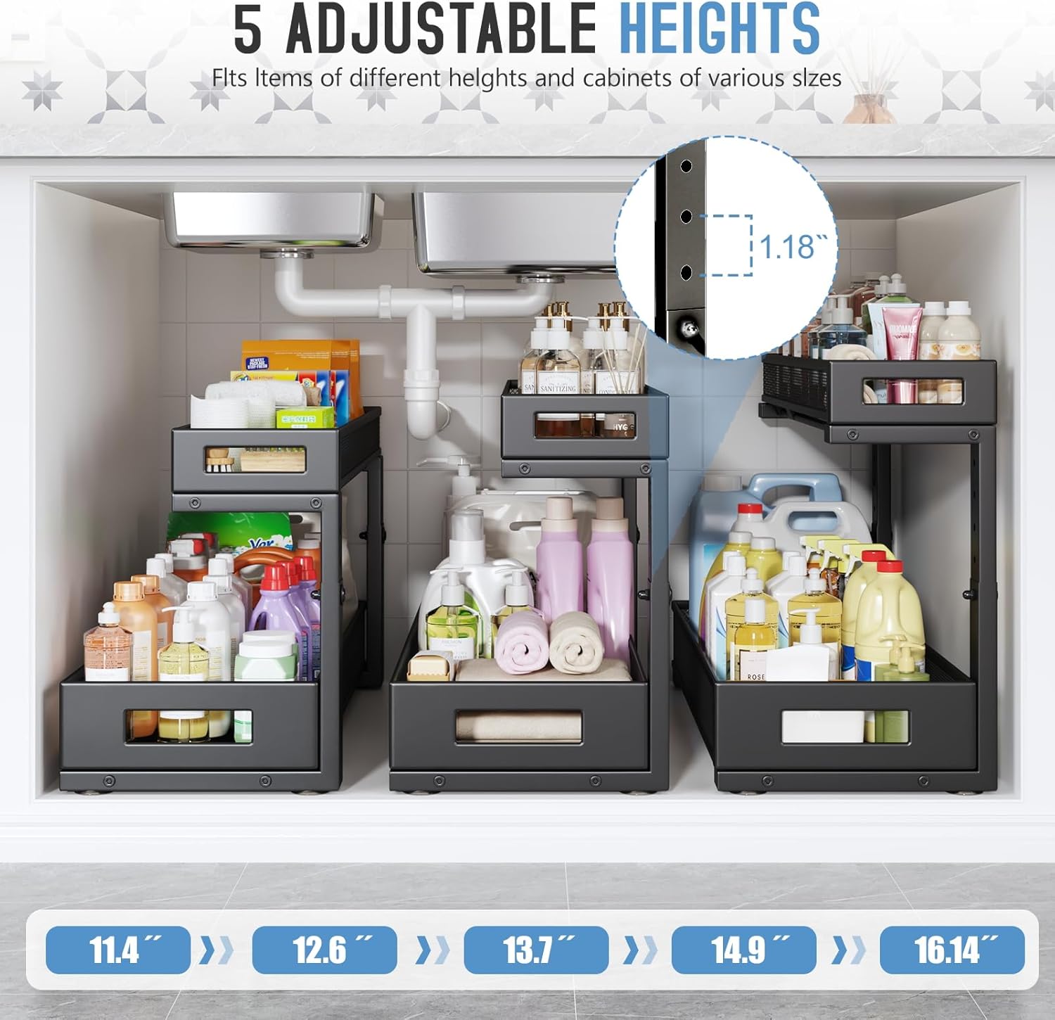 1 Pack 20.47IN Depth Under Sink Storage Organizer, Large 2-Tier Elegant Mesh Pull Out Shelf for Kitchen and Bathroom Cabinet Organization, L-Shaped and Adjustable Height Design-Black