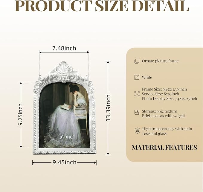 8x10 White Arched Picture Frame, Vintage Elegant Decorative Photo Frame | Fits - Image 5
