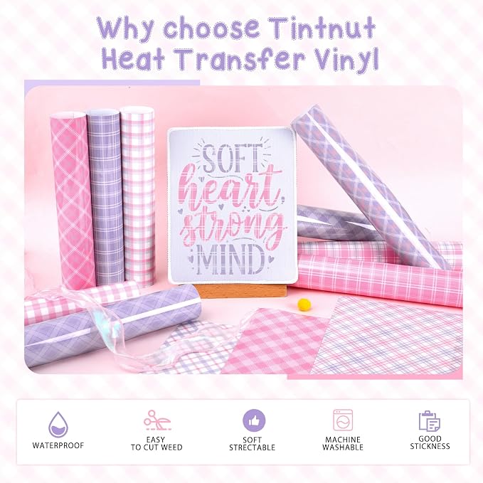 Tintnut Pink Purple Plaid Heat Transfer Vinyl, PU HTV Sheets, easy cut & weed - Image 3