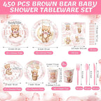 450 Pcs Pink Bear Baby Shower Tableware Set Decorations We Can Bearly Wait - Image 2