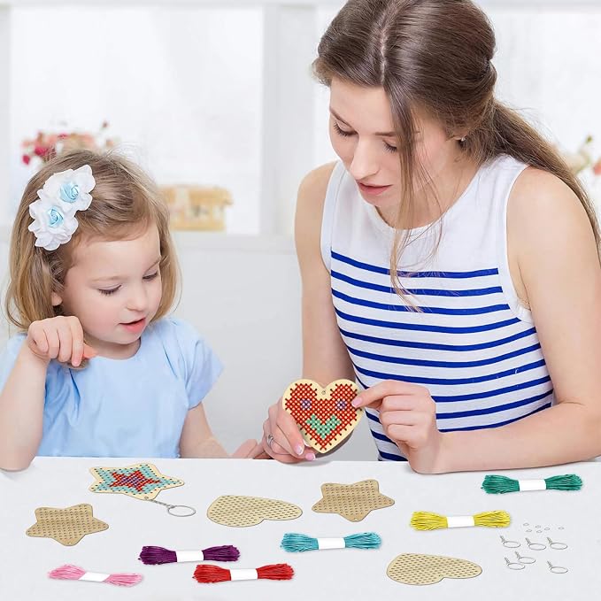VKPI Wooden Cross Stitch Kits for Kids, Make Your Own 6 Cross Stitching Keyrings - Image 7