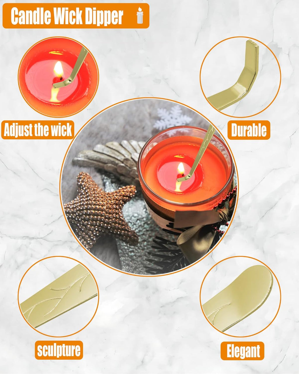 4 in1 Candle Accessory Set with Storage Tray Plate, Candle Wick Trimmer, Candle Wick Snuffer, Candle Wick Dipper, Great for Scented Candles Lovers (Gold)