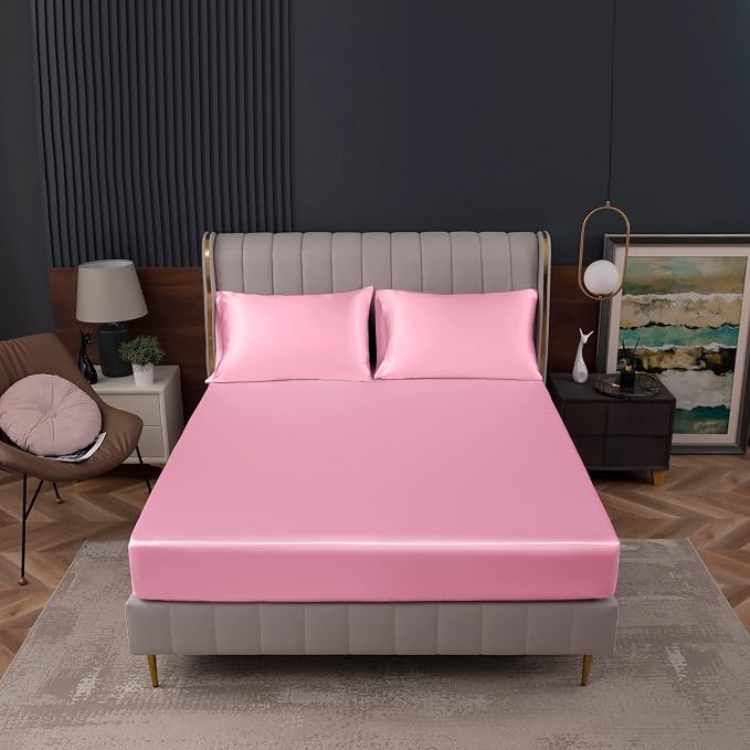 Homiest Pink Satin Fitted Sheet King Size, Deep Pocket, Luxury & Ultra Soft - Image 2