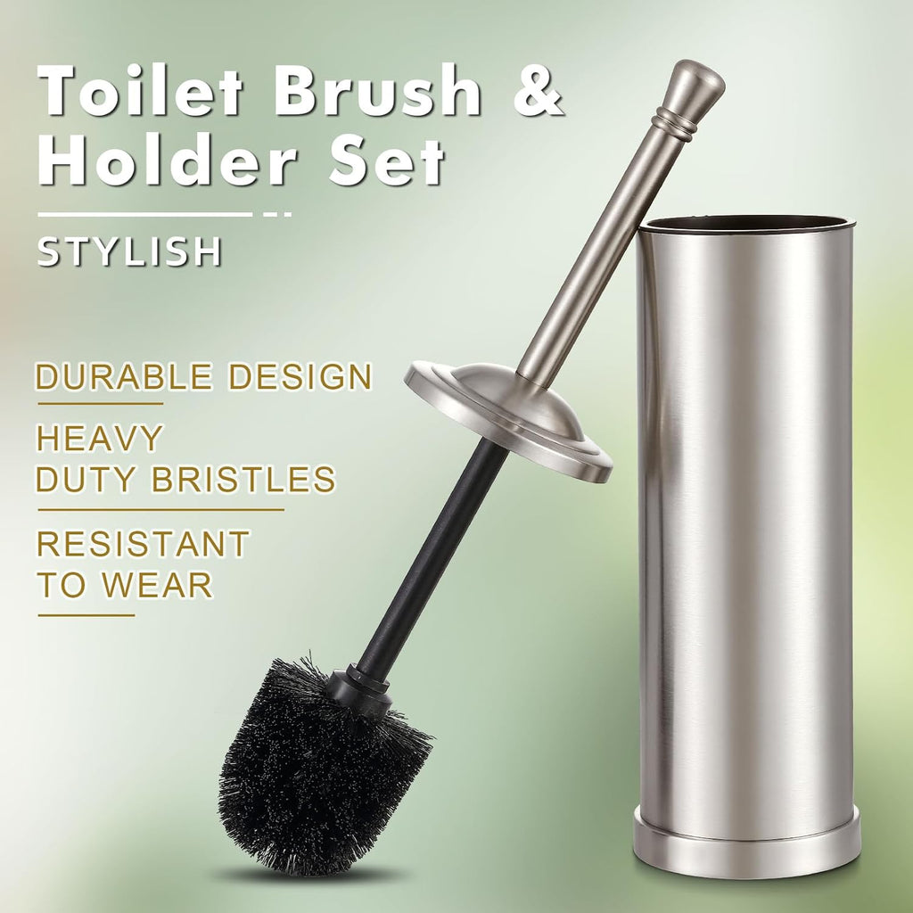 Stainless Steel 304 Toilet Brush and Holder,Toilet Bowl Brush with Long Handle for Bathroom,Toilet Cleaner Brush-Space,Saving,Covered Brush,Durable, Deep,Cleaning,Splash Resistant (Stain Nickel)