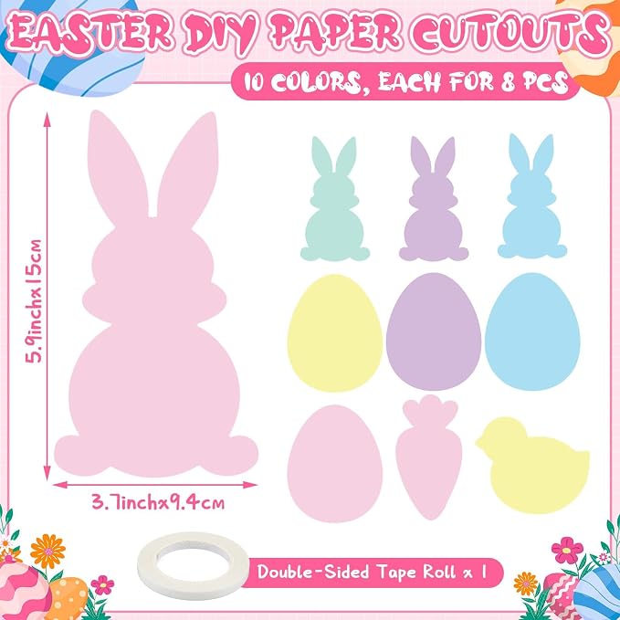Funrous 80 Pcs Easter Paper Cutouts Pastel Bunny Egg Chick Carrot Cutouts - Image 2
