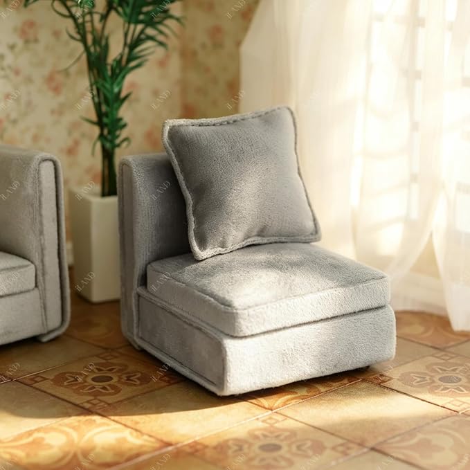 iLAND Dollhouse Furniture Sectional Dollhouse Couch Set Light Grey Velvet Sofa - Image 6