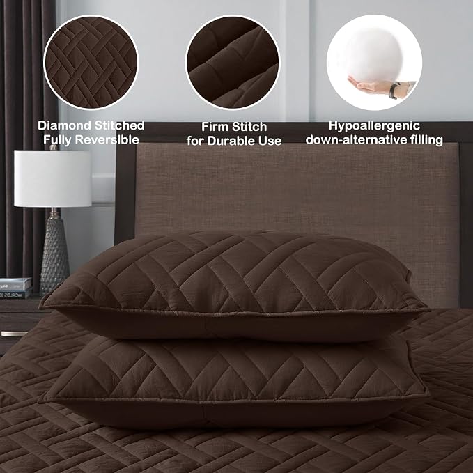 HORIMOTE HOME Quilt Set Twin Size Chocolate, Classic Geometric Diamond Stitched - Image 5