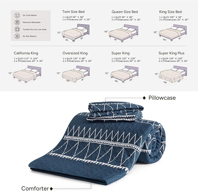 Andency Navy King Size Quilt Set, 3 Pieces Boho Lightweight Soft Striped - Image 6