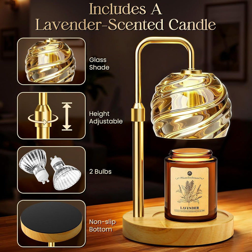 WarmEmbrace Candle Warmer Lamp with Lavender Candle Set, Electric Wax Warmer Lamp with Auto Timer & 4 Dimmable Lights, Adjustable Height for Jar Candles, Elegant Home Decor Gift for Women, Gold