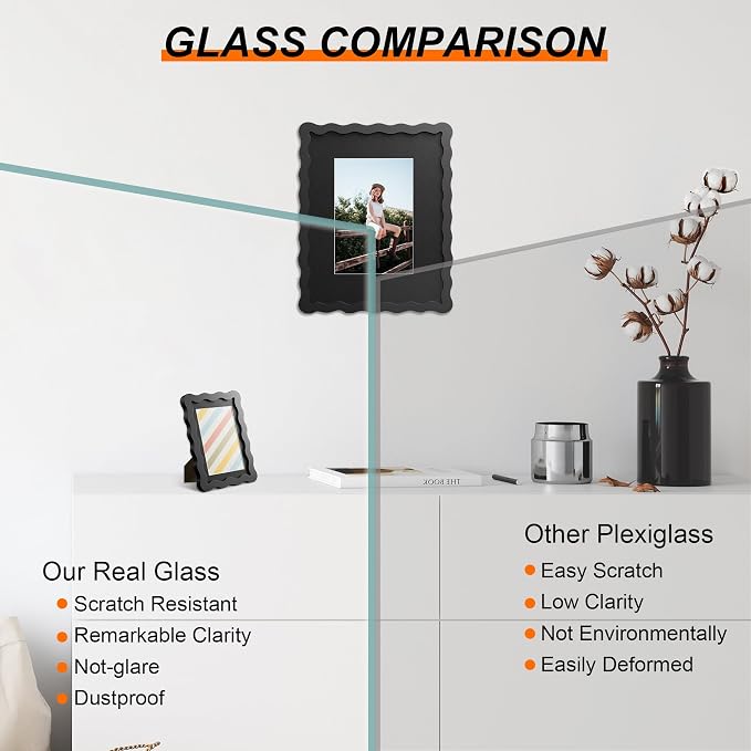 6x8 Picture Frame with Mat for 5x7, Wavy Edge Wooden Real Glass Photo Frame for - Image 2