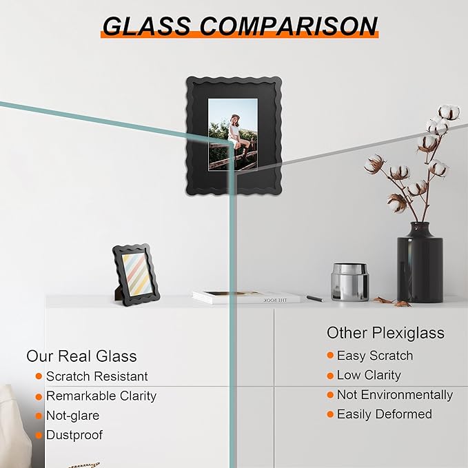 8x10 Picture Frame with Mat for 5x7, Wavy Edge Wooden Real Glass Photo Frame - Image 2